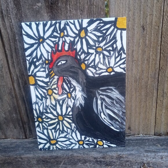 Chicken In The Daisies Painting Original Painting Folk Art - Picture 3 of 5
